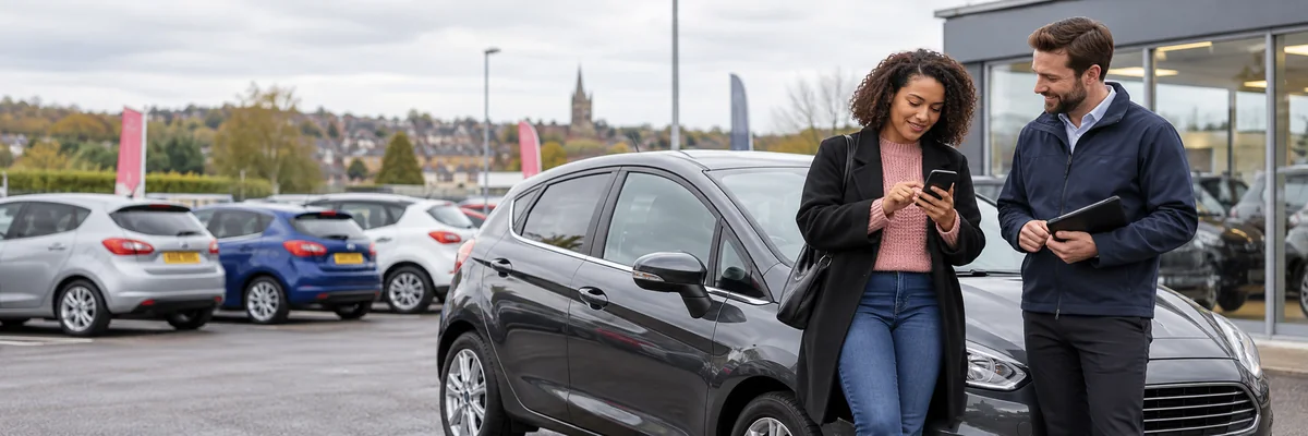 Customer reviewing a car finance option beside a used hatchback at a UK dealership