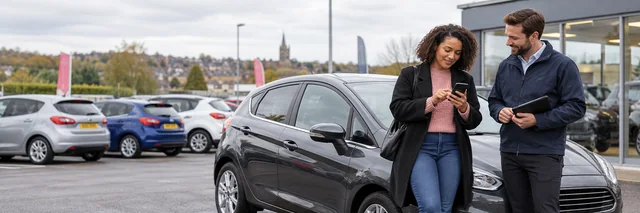 Customer reviewing a car finance option beside a used hatchback at a UK dealership