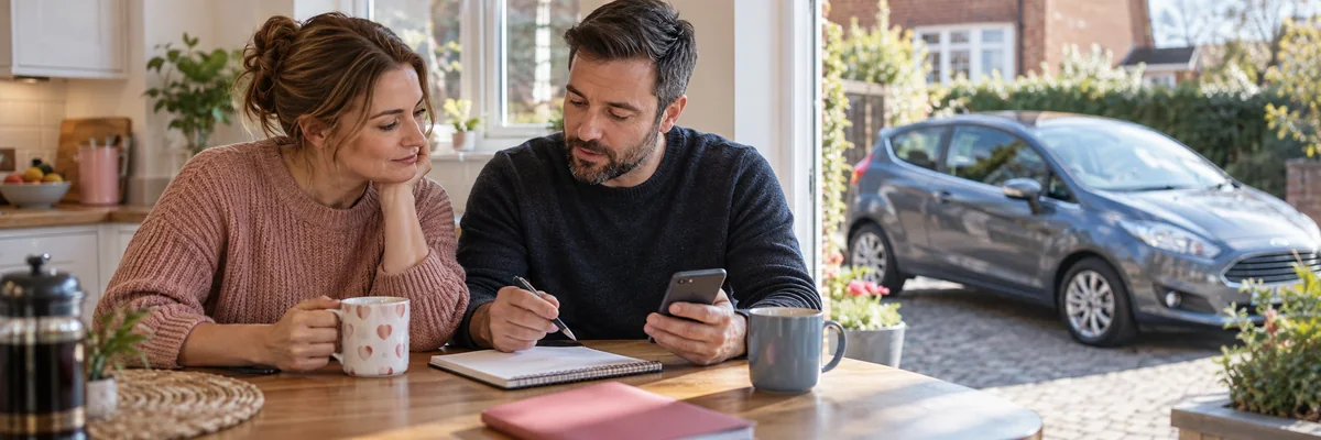 Couple reviewing a household car budget with a hatchback parked outside their UK home