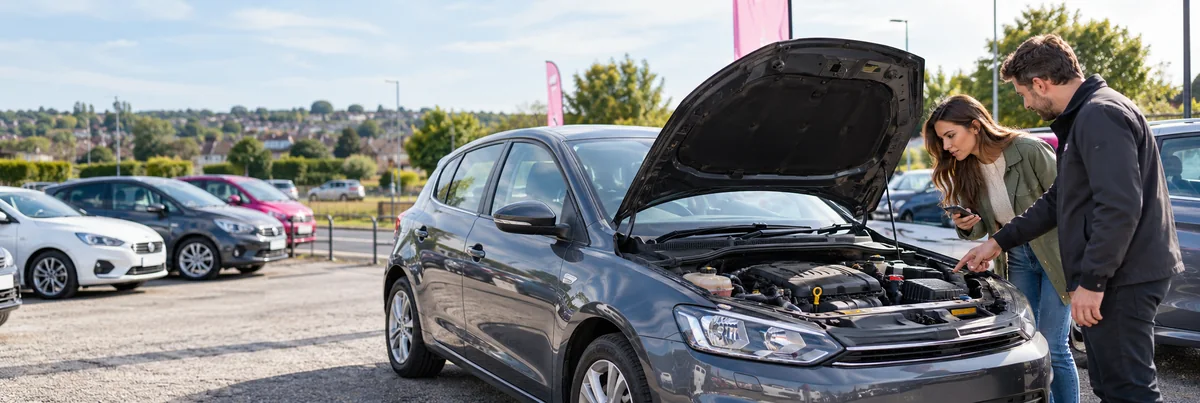 First-time buyer inspecting the engine of a used hatchback with a UK dealership adviser
